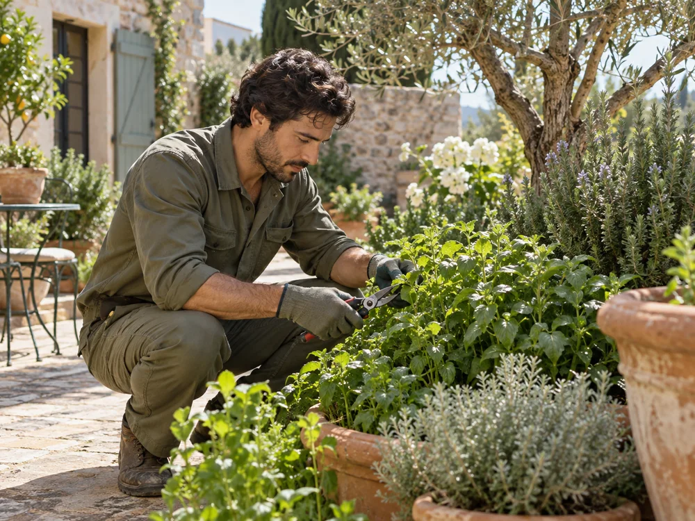 A gardener caring for plants in a sunny courtyard